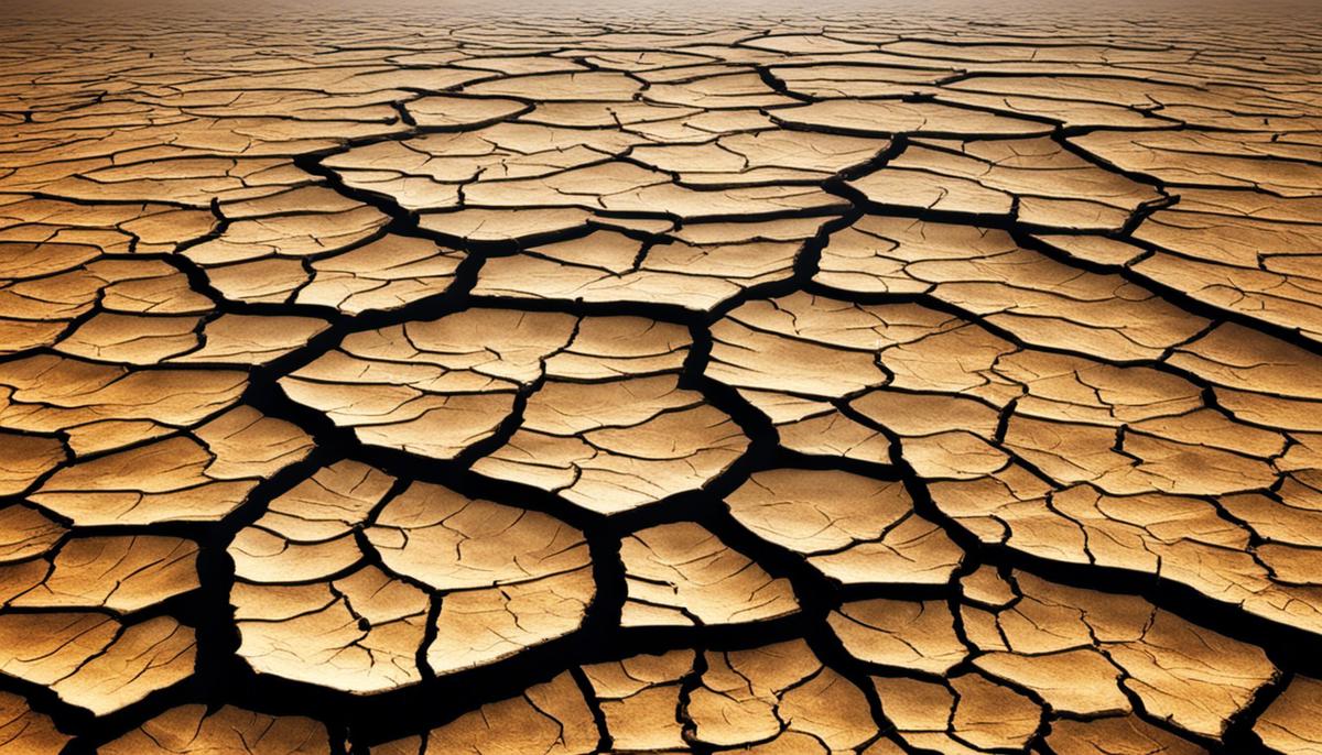 A visual representation of the impact of climate change and global warming, showing a cracked and dry earth with rising temperatures.