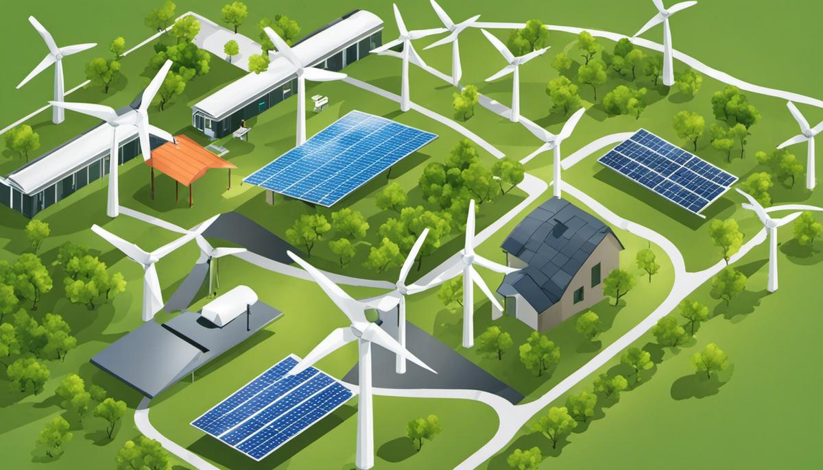 Illustration of renewable energy sources like wind turbines and solar panels, symbolizing the potential and benefits of green energy.